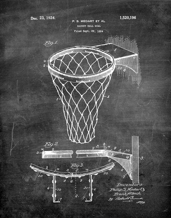 An image of a(n) Basket Ball Net 1924 - Patent Art Print - Chalkboard.