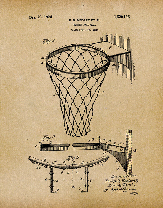 An image of a(n) Basket Ball Net 1924 - Patent Art Print - Parchment.