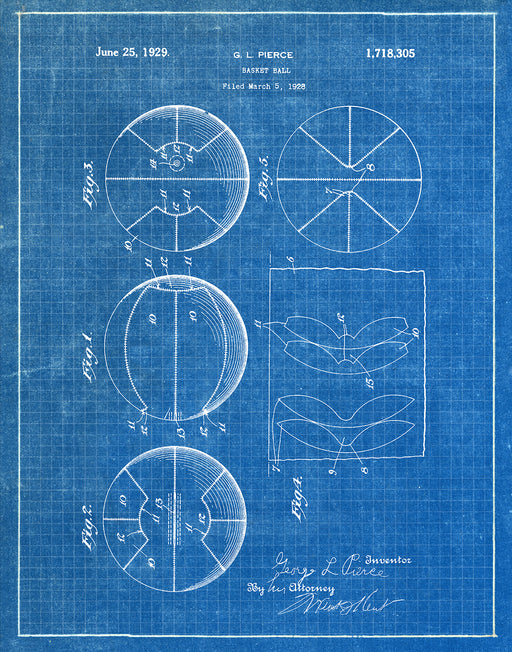 An image of a(n) Basket Ball 1929 - Patent Art Print - Blueprint.