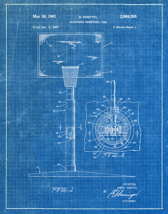 An image of a(n) Basket Ball Goal - Patent Art Print - Blueprint.
