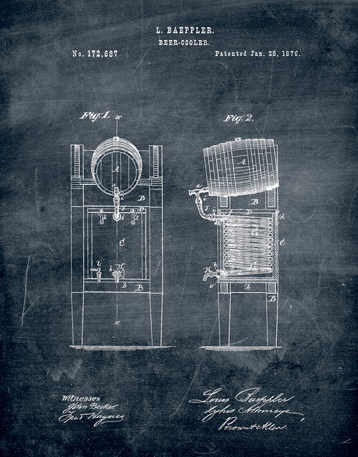An image of a(n) Beer Cooler 1876 - Patent Art Print - Chalkboard.