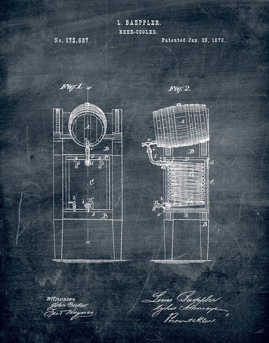 An image of a(n) Beer Cooler 1876 - Patent Art Print - Chalkboard.