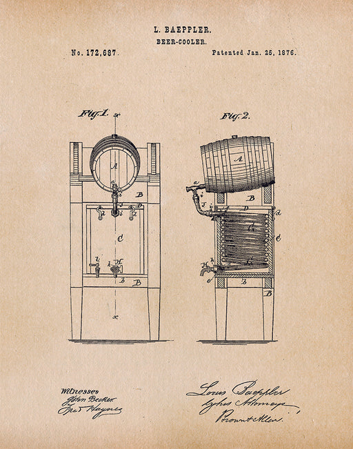 An image of a(n) Beer Cooler 1876 - Patent Art Print - Parchment.