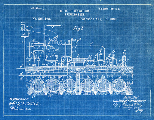 An image of a(n) Brewing Beer 1893 - Patent Art Print - Blueprint.