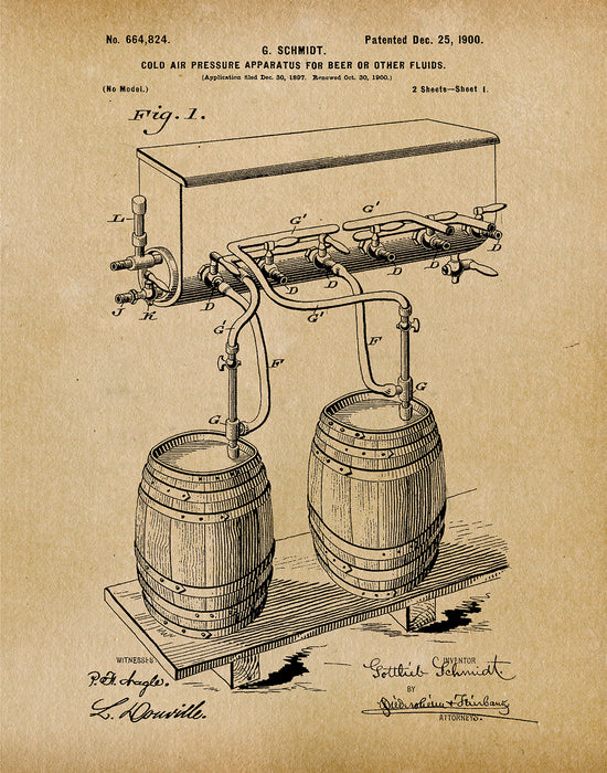 An image of a(n) Air Pressure for Beer 1900 - Patent Art Print - Parchment.