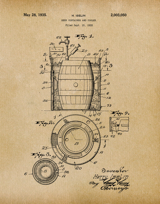 An image of a(n) Beer Container 1933 - Patent Art Print - Parchment.