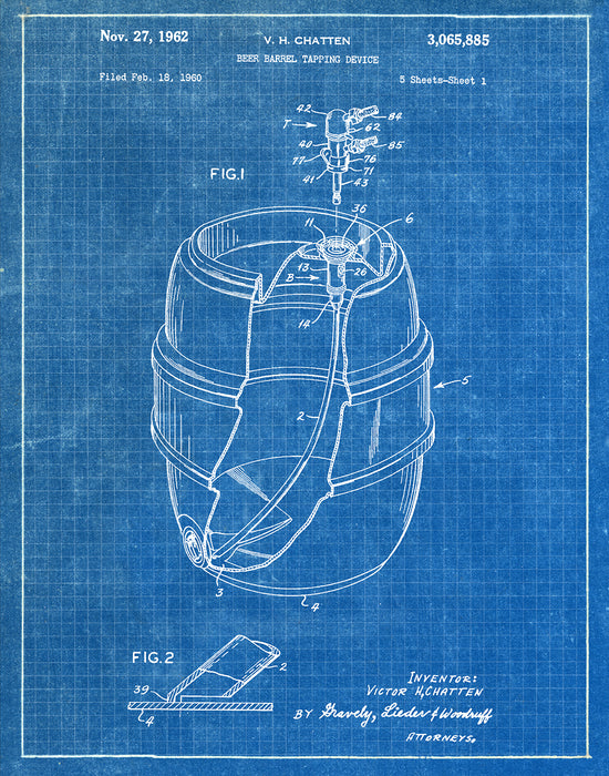 An image of a(n) Beer Tapping 1960 - Patent Art Print - Blueprint.