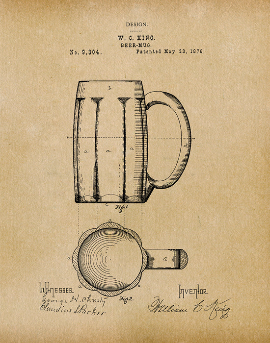 An image of a(n) Beer Mug 1876 - Patent Art Print - Parchment.