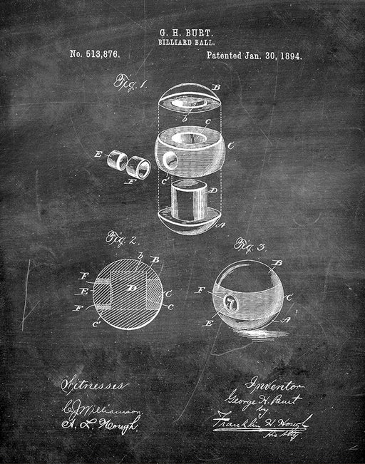 An image of a(n) Billiard Ball 1894 - Patent Art Print - Chalkboard.