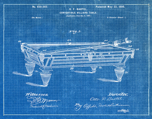An image of a(n) Billiard Table 1900 - Patent Art Print - Blueprint.