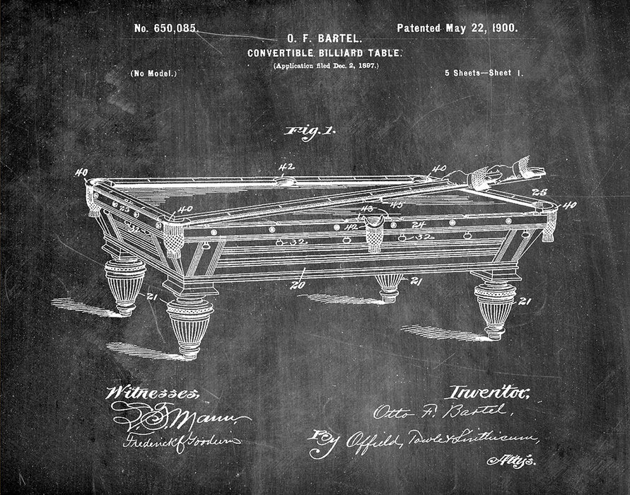 An image of a(n) Billiard Table 1900 - Patent Art Print - Chalkboard.