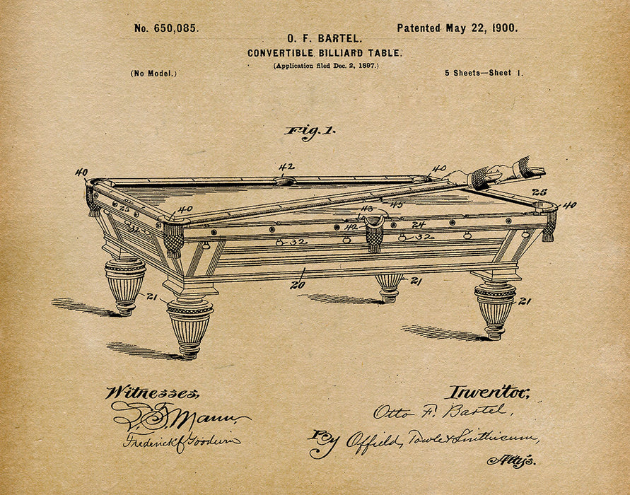 An image of a(n) Billiard Table 1900 - Patent Art Print - Parchment.