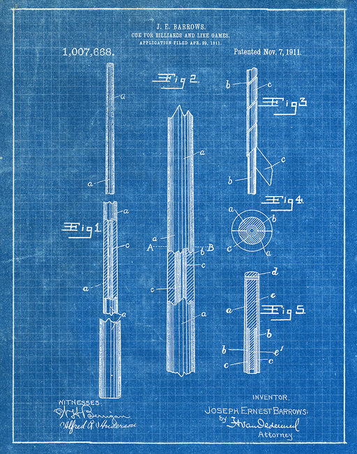 An image of a(n) Pool Cue 1911 - Patent Art Print - Blueprint.