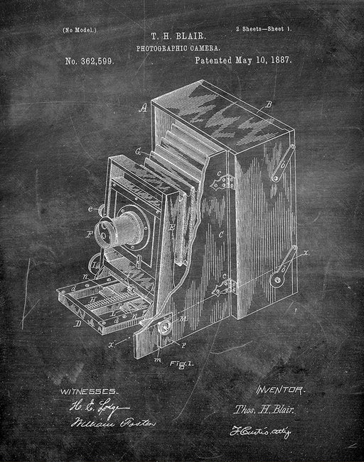 An image of a(n) Camera Blair 1887 - Patent Art Print - Chalkboard.