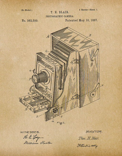 An image of a(n) Camera Blair 1887 - Patent Art Print - Parchment.