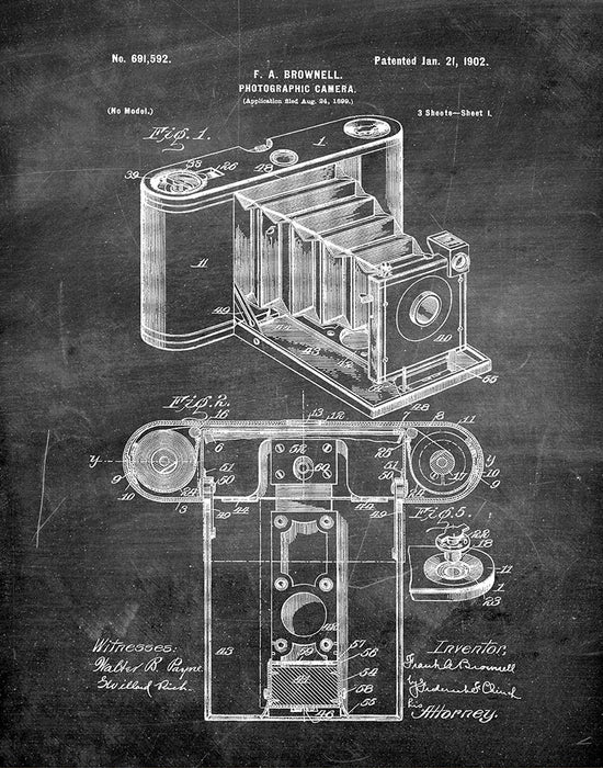 An image of a(n) Camera Brownell 1902 - Patent Art Print - Chalkboard.