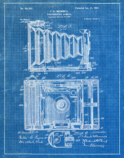 An image of a(n) Camera Brownell Sheet 2 1902 - Patent Art Print - Blueprint.
