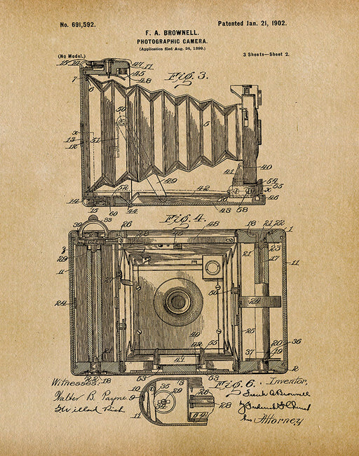 An image of a(n) Camera Brownell Sheet 2 1902 - Patent Art Print - Parchment.