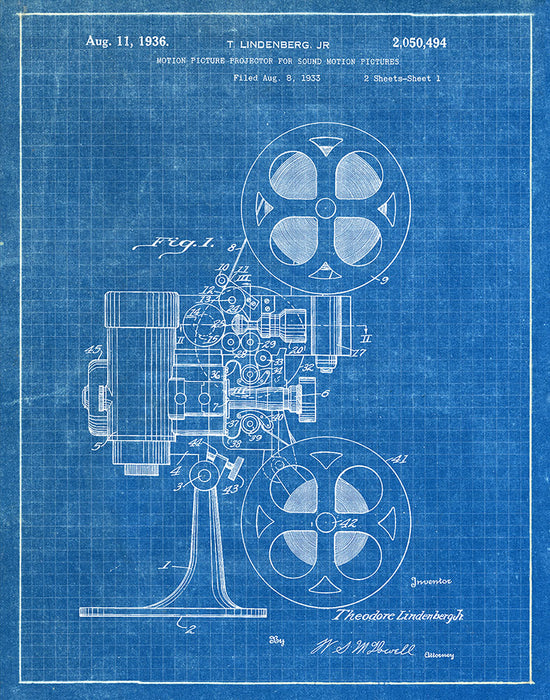 An image of a(n) Movie Projector 1936 - Patent Art Print - Blueprint.