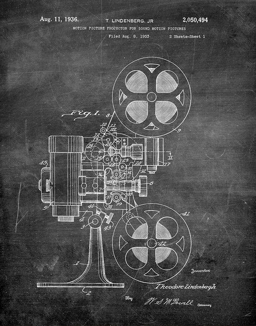 An image of a(n) Movie Projector 1936 - Patent Art Print - Chalkboard.