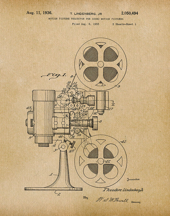 An image of a(n) Movie Projector 1936 - Patent Art Print - Parchment.