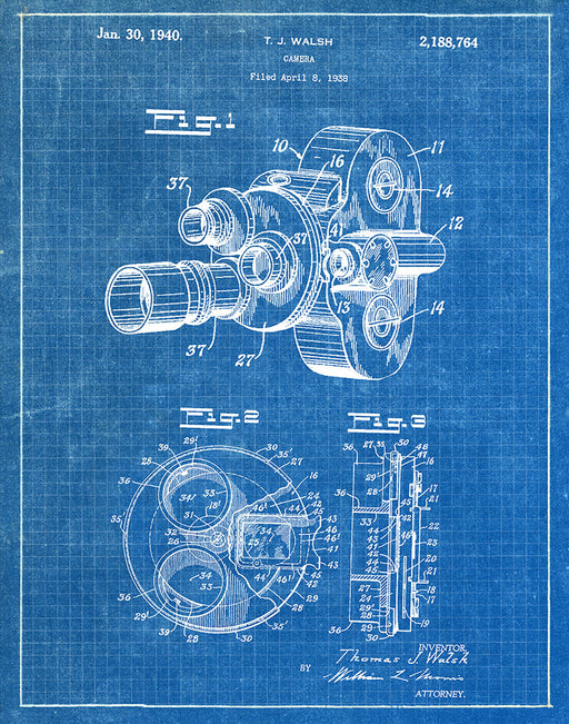 An image of a(n) Camera Walsh 1940 - Patent Art Print - Blueprint.