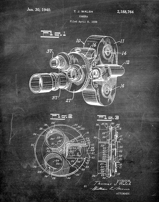 An image of a(n) Camera Walsh 1940 - Patent Art Print - Chalkboard.