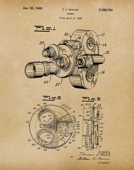 An image of a(n) Camera Walsh 1940 - Patent Art Print - Parchment.