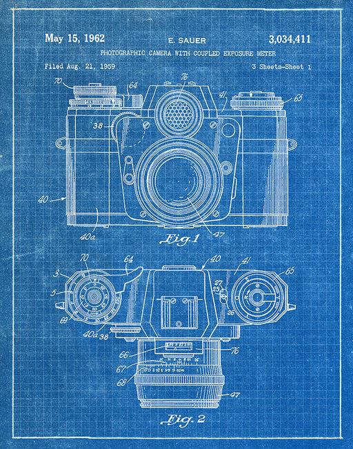 An image of a(n) Camera Sauer 1962 - Patent Art Print - Blueprint.