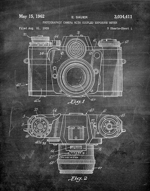 An image of a(n) Camera Sauer 1962 - Patent Art Print - Chalkboard.