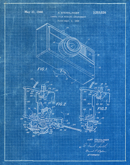 An image of a(n) Camera Winding 1966 - Patent Art Print - Blueprint.