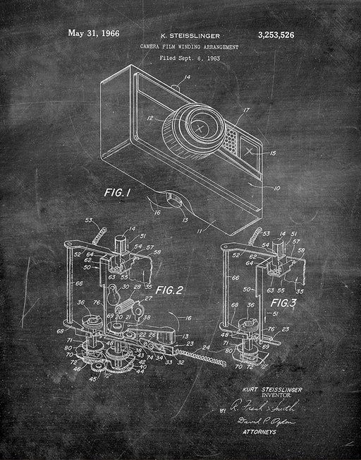 An image of a(n) Camera Winding 1966 - Patent Art Print - Chalkboard.