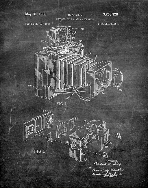 An image of a(n) Camera Bing 1966 - Patent Art Print - Chalkboard.