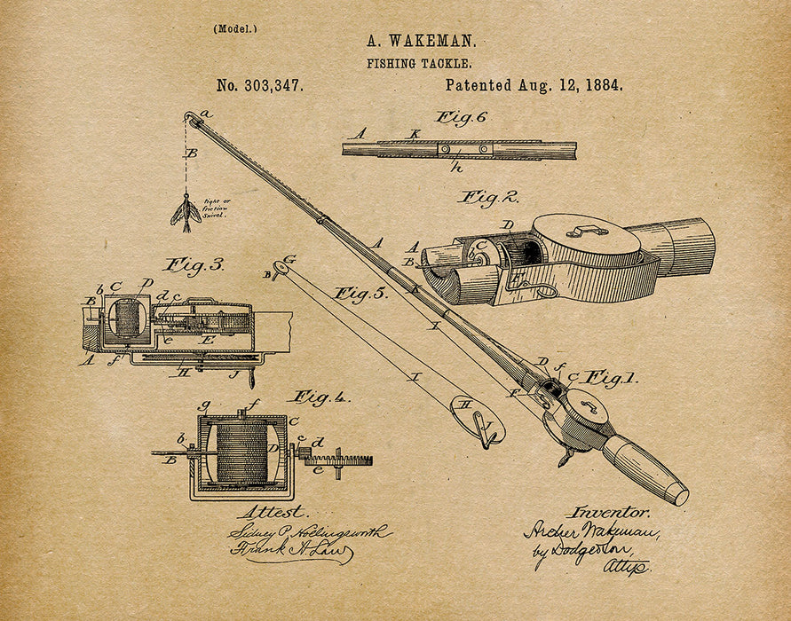An image of a(n) Fishing Tackle 1884 - Patent Art Print - Parchment.