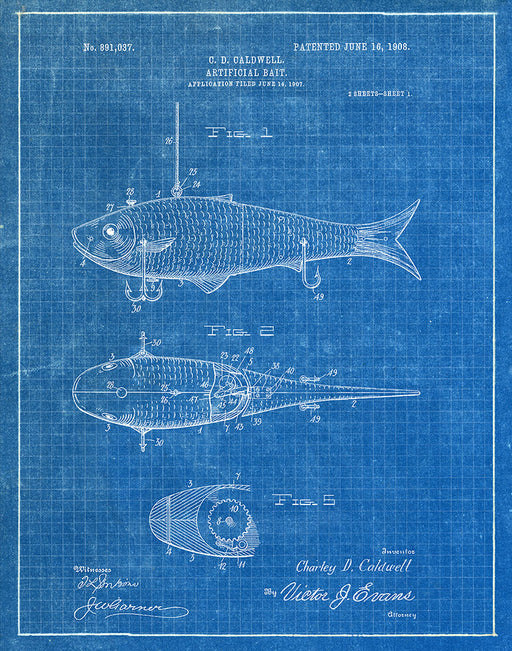 An image of a(n) Fishing Bait 1908 - Patent Art Print - Blueprint.