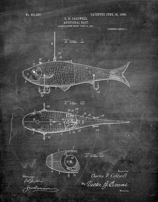 An image of a(n) Fishing Bait 1908 - Patent Art Print - Chalkboard.