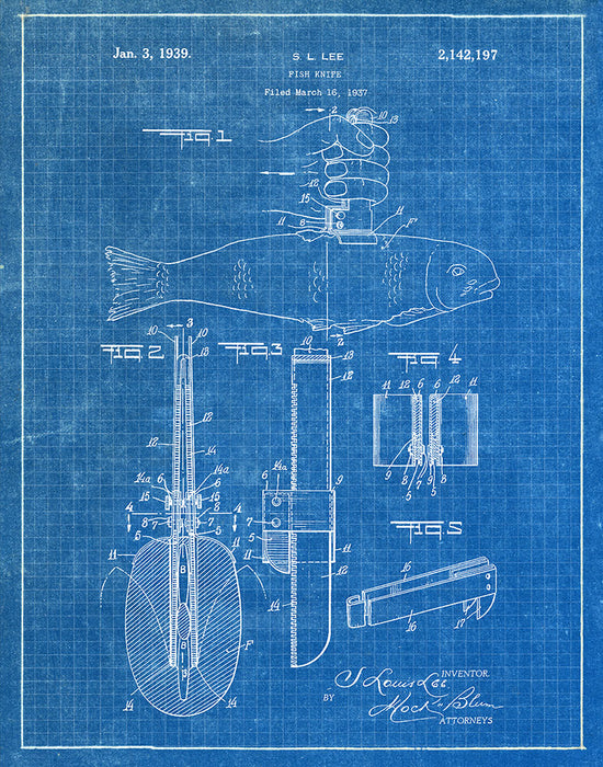 An image of a(n) Fish Knife 1939 - Patent Art Print - Blueprint.