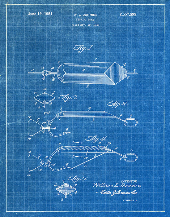 An image of a(n) Fishing Lure 1951 - Patent Art Print - Blueprint.
