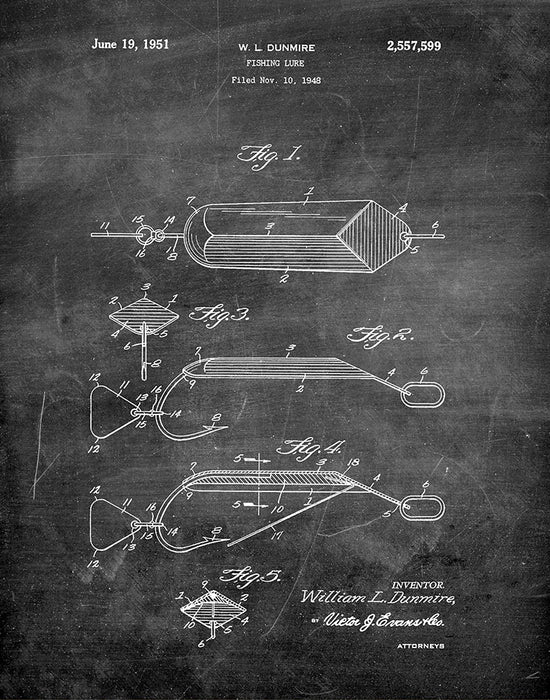An image of a(n) Fishing Lure 1951 - Patent Art Print - Chalkboard.