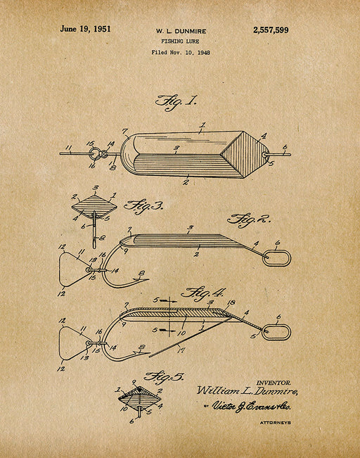 An image of a(n) Fishing Lure 1951 - Patent Art Print - Parchment.