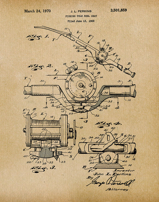 An image of a(n) Fishing Pole Reel 1970 - Patent Art Print - Parchment.