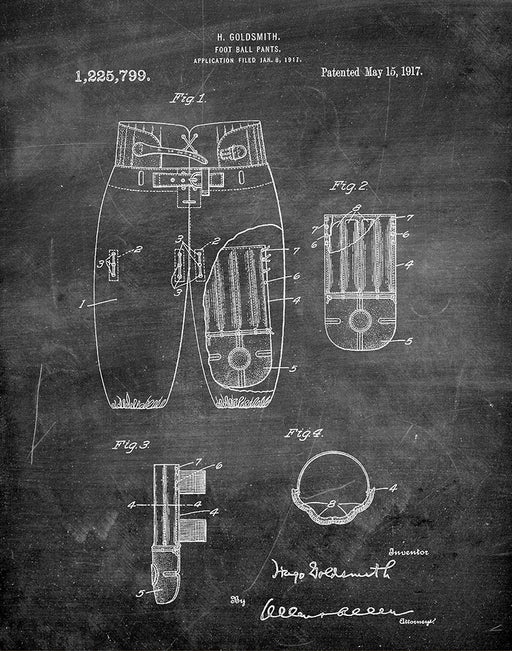 An image of a(n) Football Pants 1917 - Patent Art Print - Chalkboard.