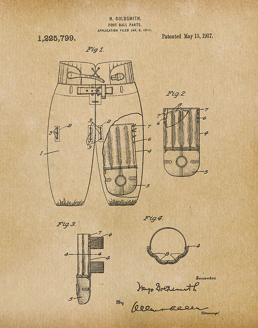 An image of a(n) Football Pants 1917 - Patent Art Print - Parchment.