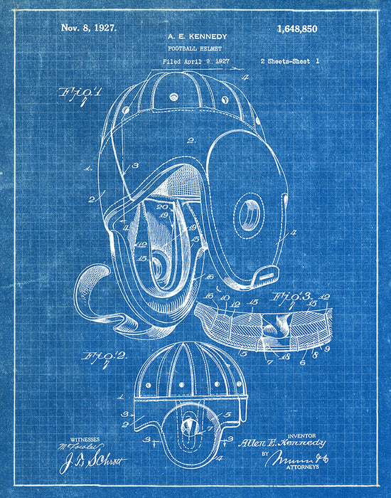 An image of a(n) Football Helmet 1927 - Patent Art Print - Blueprint.