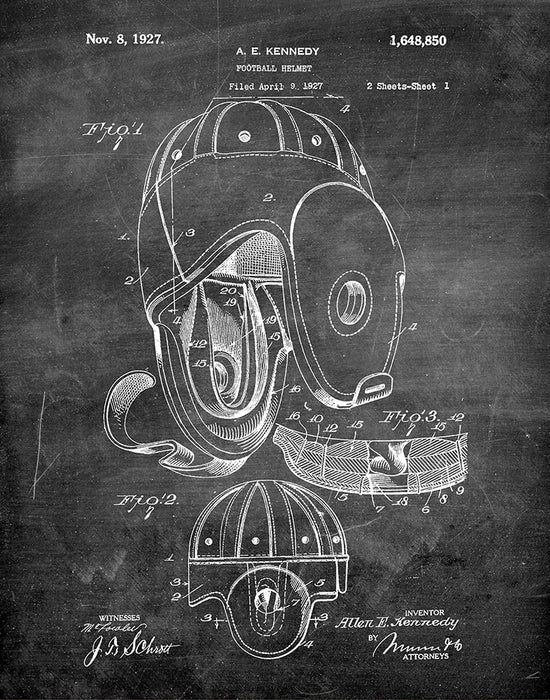 An image of a(n) Football Helmet 1927 - Patent Art Print - Chalkboard.