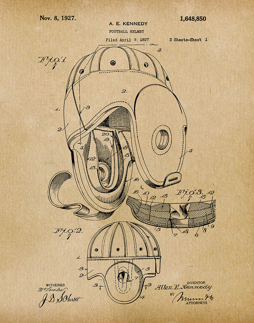 An image of a(n) Football Helmet 1927 - Patent Art Print - Parchment.