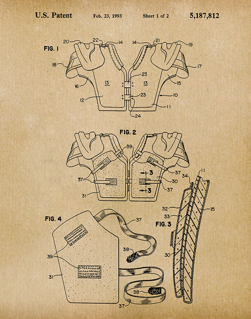 An image of a(n) Football Pads 1993 - Patent Art Print - Parchment.
