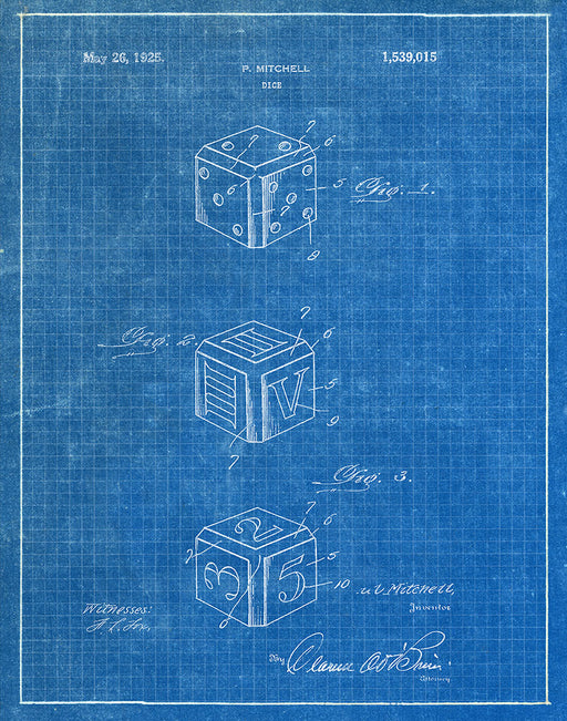An image of a(n) Dice 1925 - Patent Art Print - Blueprint.