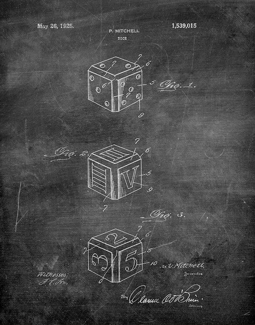 An image of a(n) Dice 1925 - Patent Art Print - Chalkboard.