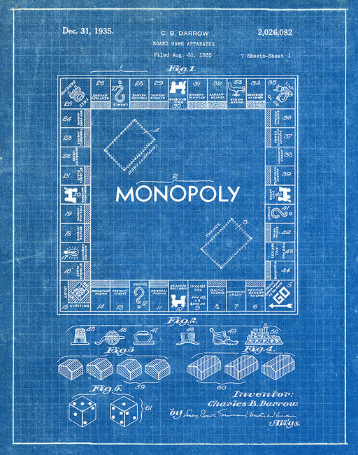 An image of a(n) Monopoly Game 1935 - Patent Art Print - Blueprint.